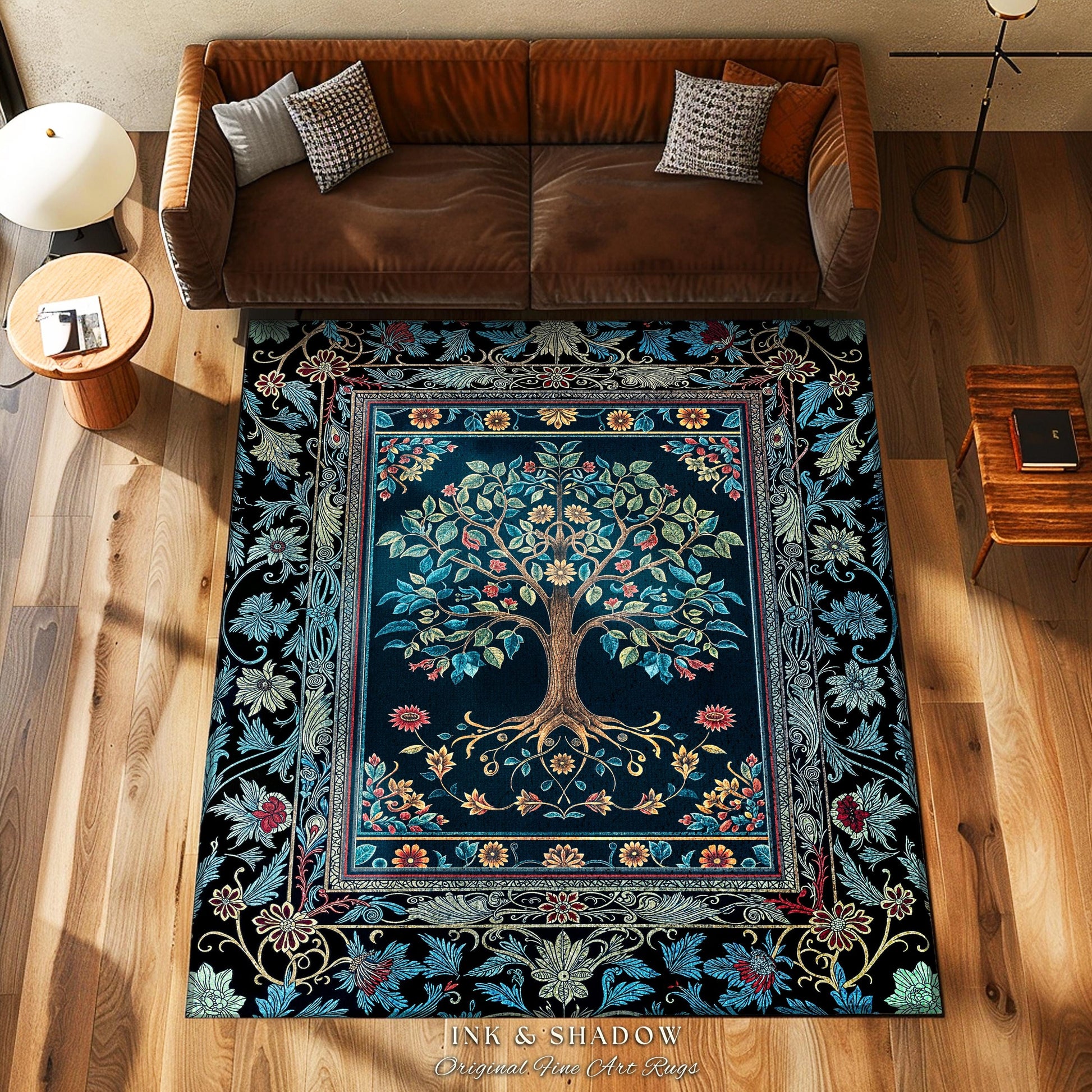Moody Gothic Blues Tree of Life Rug | Mystical Garden Theme Vintage Floral Decor Romantic Folk Art Forestcore Maximalist Style Bedroom |