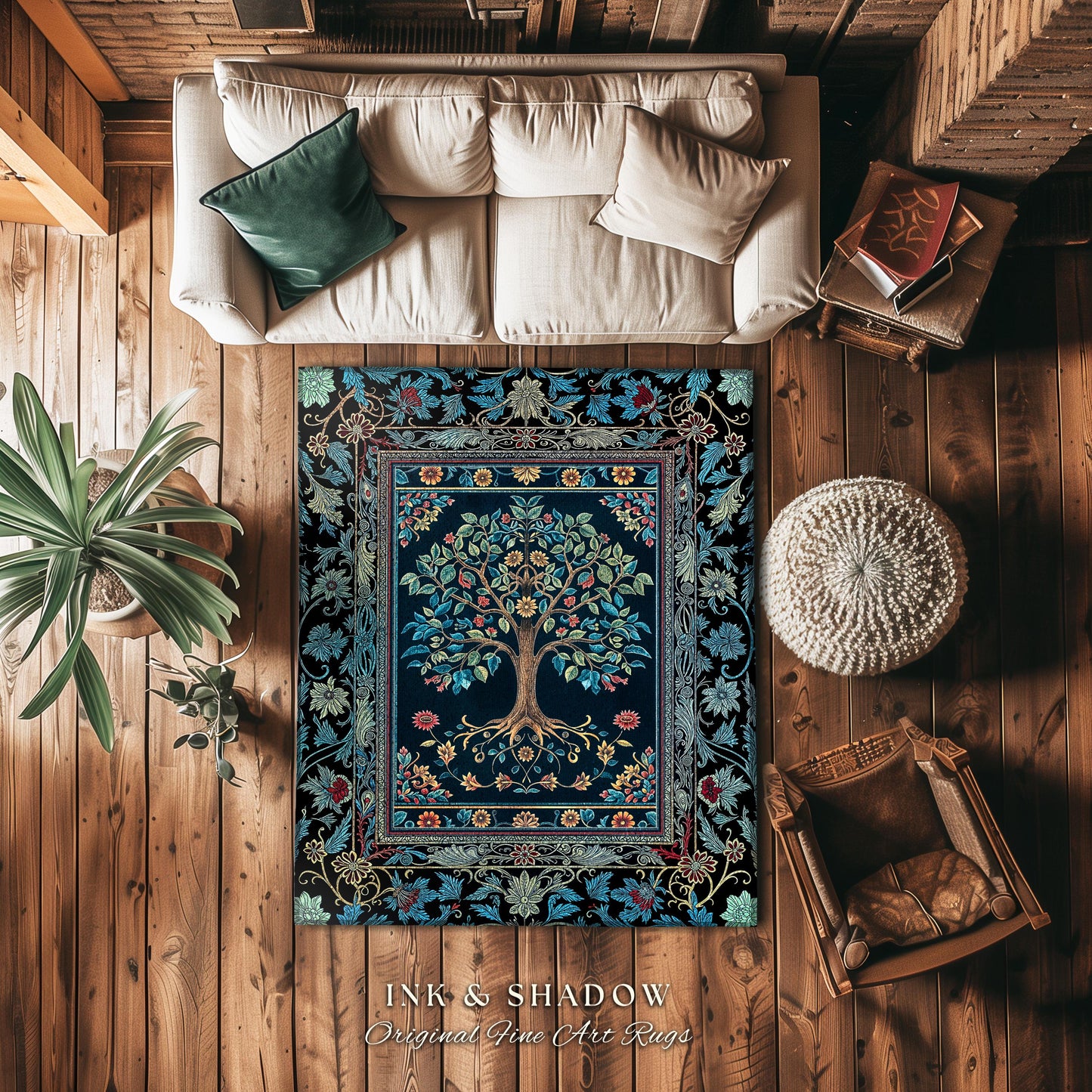 Moody Gothic Blues Tree of Life Rug | Mystical Garden Theme Vintage Floral Decor Romantic Folk Art Forestcore Maximalist Style Bedroom |