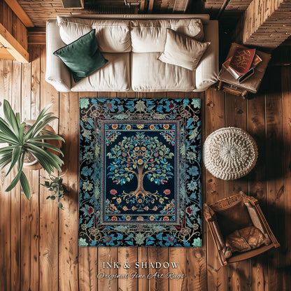 Moody Gothic Blues Tree of Life Rug | Mystical Garden Theme Vintage Floral Decor Romantic Folk Art Forestcore Maximalist Style Bedroom |