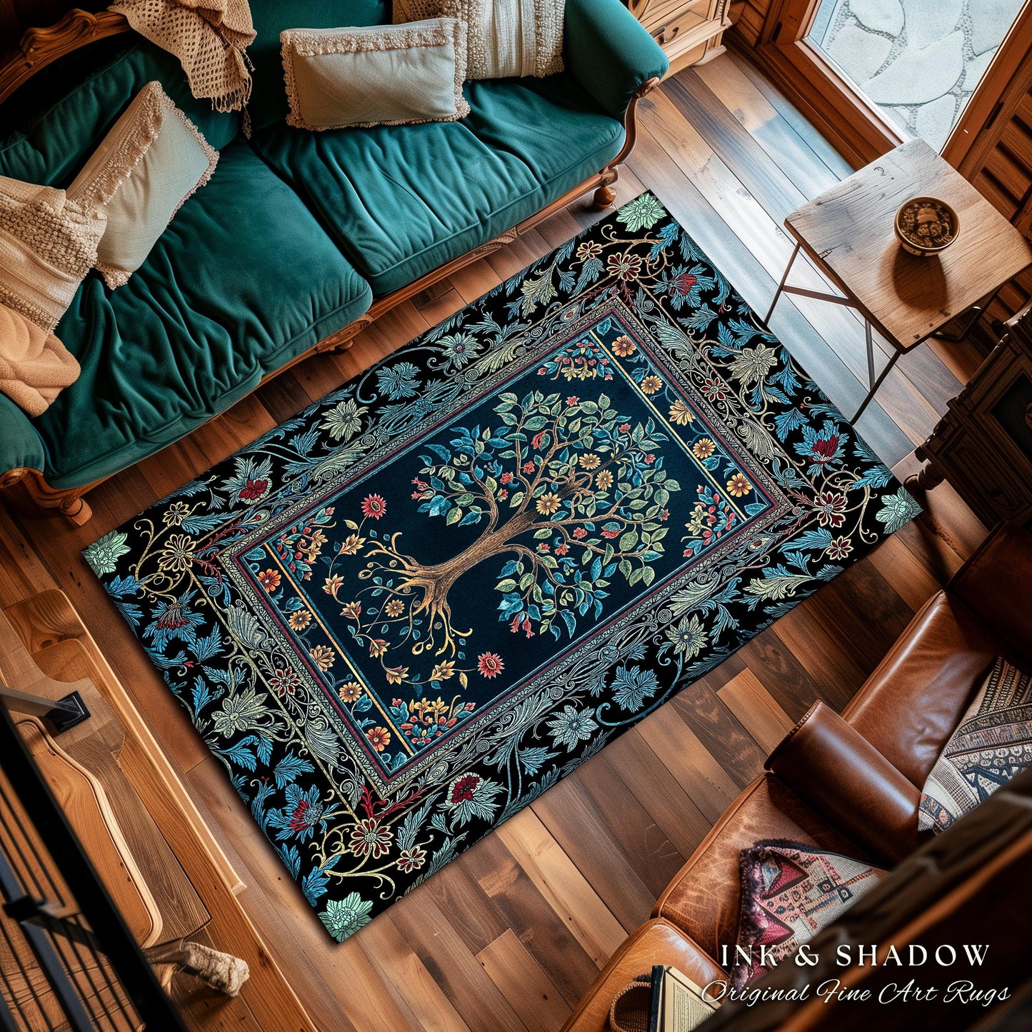 Moody Gothic Blues Tree of Life Rug | Mystical Garden Theme Vintage Floral Decor Romantic Folk Art Forestcore Maximalist Style Bedroom |