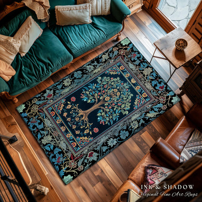 Moody Gothic Blues Tree of Life Rug | Mystical Garden Theme Vintage Floral Decor Romantic Folk Art Forestcore Maximalist Style Bedroom |