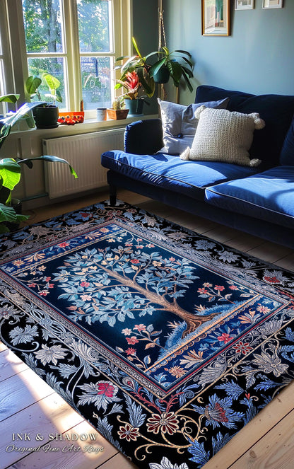 Dark Woodland Rich Baroque Tree of Life Rug | Intricate Garden Decor Romantic Baroque Floral Accent Morris Inspired Woodland Folk Art Style