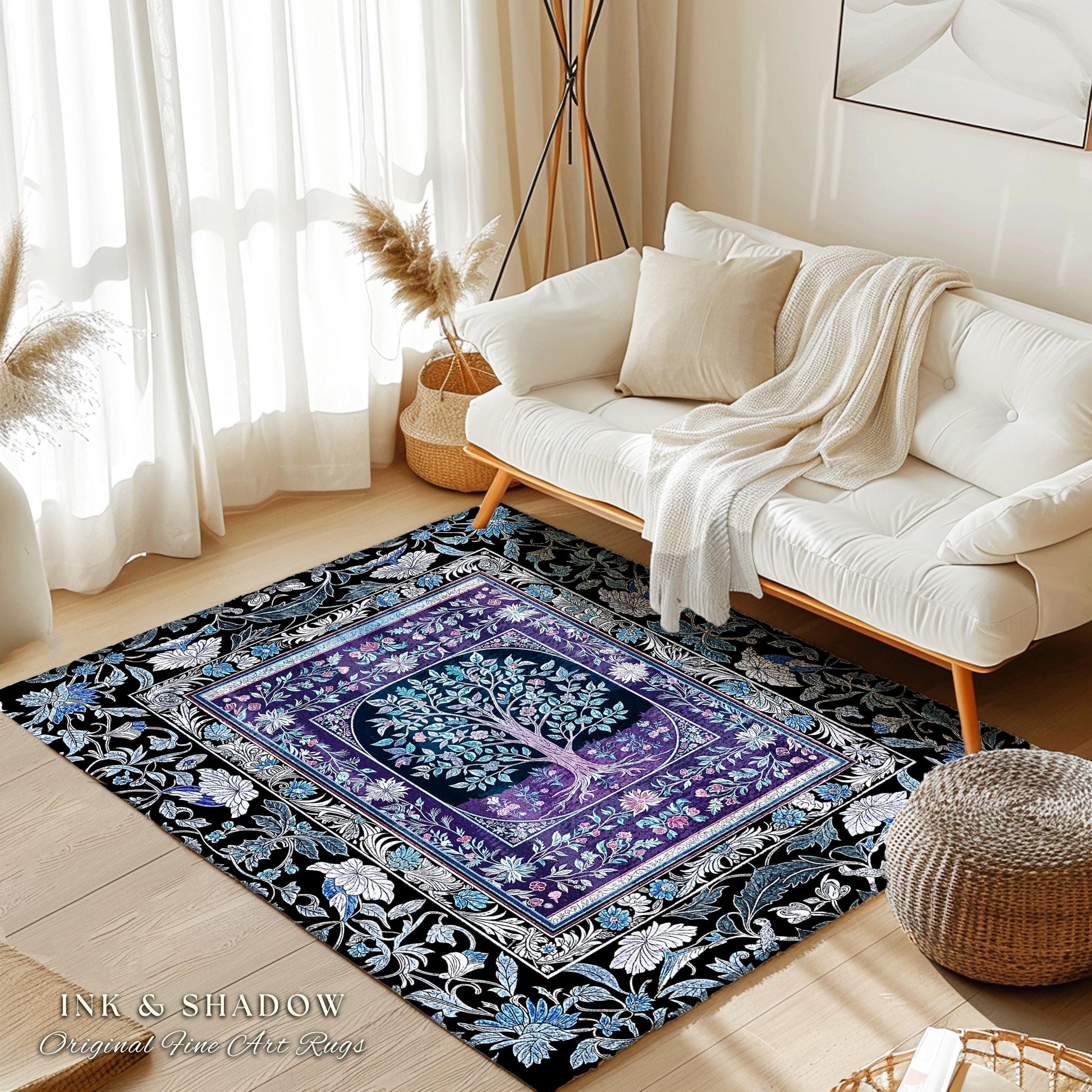 Icy Blue Pastel Gothic Tree Area Rug | Dark Academia Home Accent Romantic Botanical Vintage Floral Maximalist Cottagecore Decor Style Gothic