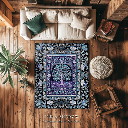 Icy Blue Pastel Gothic Tree Area Rug | Dark Academia Home Accent Romantic Botanical Vintage Floral Maximalist Cottagecore Decor Style Gothic