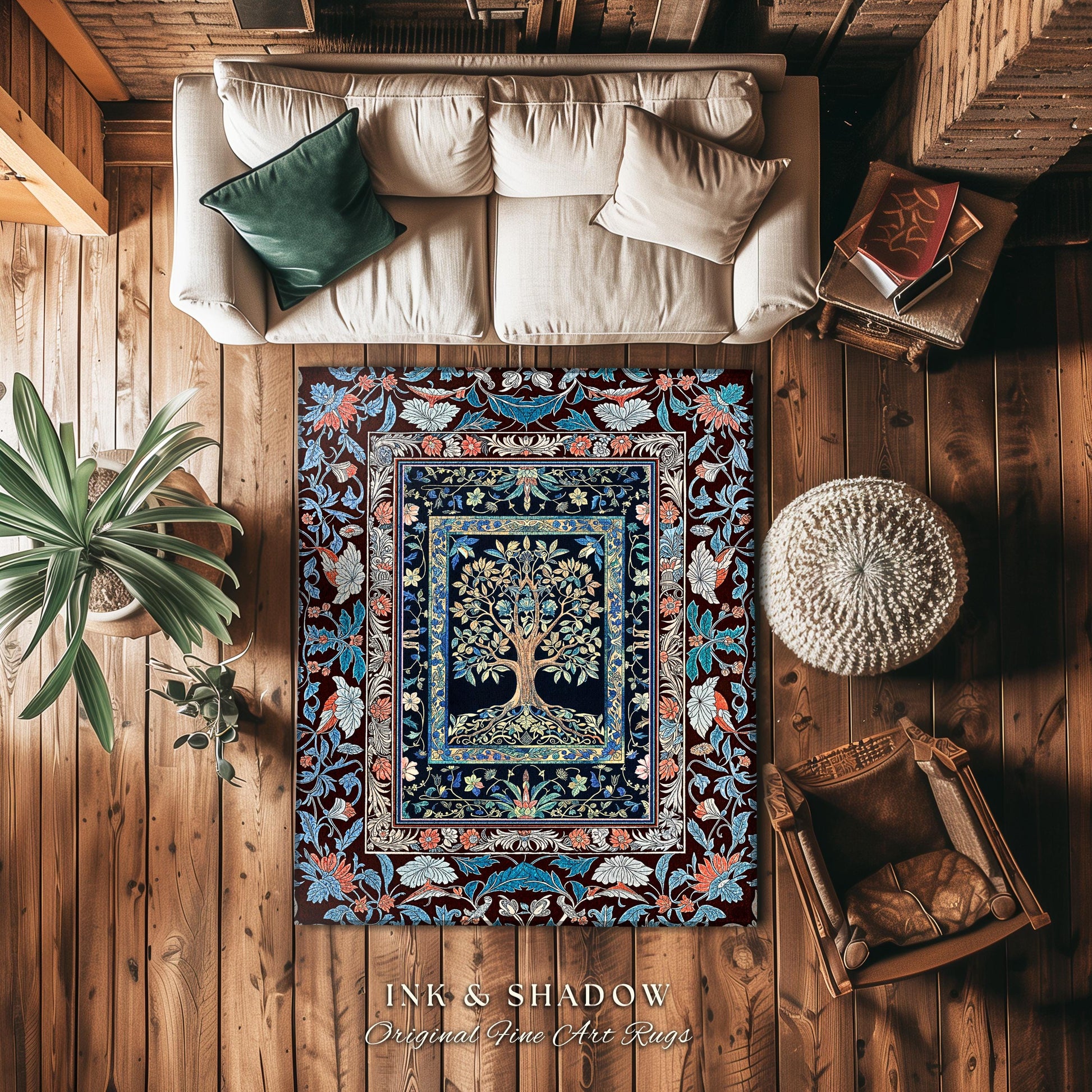 Indie Eclectic Medieval Tree of Life Rug | Baroque Botanical Bedroom Maximalist Floral Decor Folklore Inspired Design Cottagecore Bedroom |