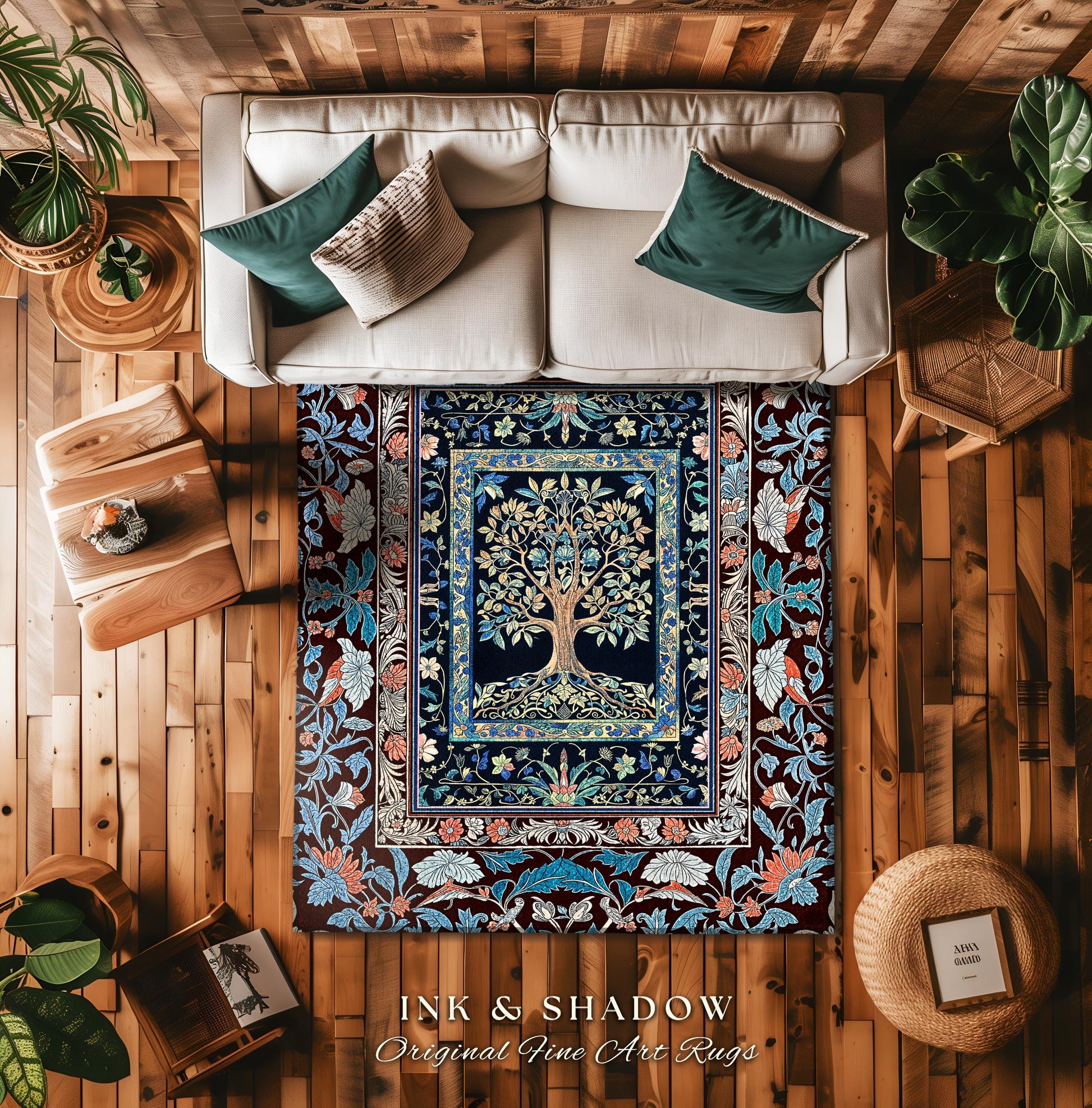 Indie Eclectic Medieval Tree of Life Rug | Baroque Botanical Bedroom Maximalist Floral Decor Folklore Inspired Design Cottagecore Bedroom |