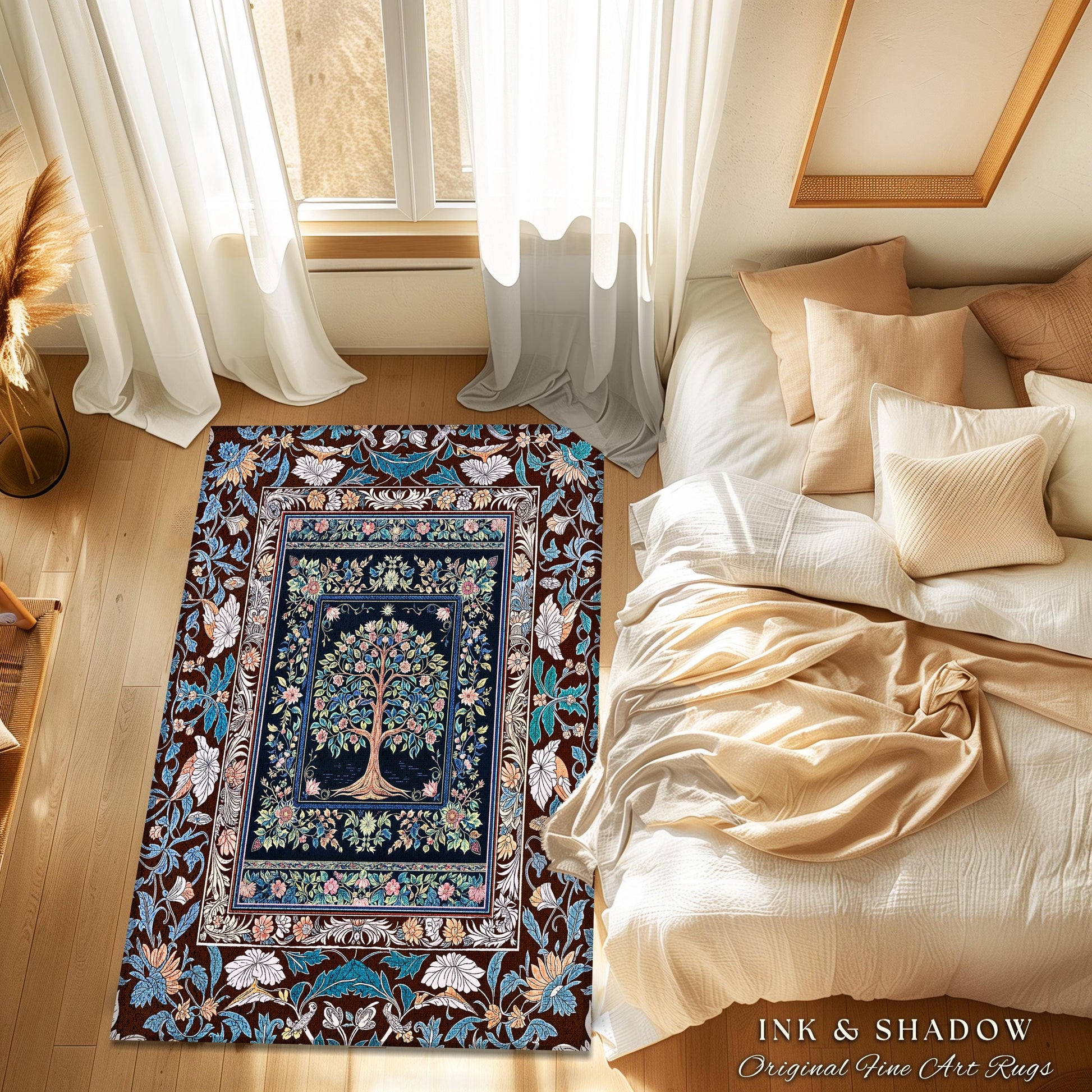 Ornate Grove Tree of Life Rug | Lush Floral Detailing Heirloom Tapestry Design Baroque Nature Theme Cottagecore Living Room Decor Accent