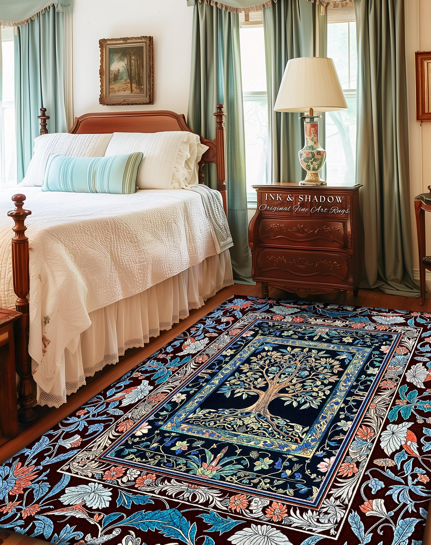 Indie Eclectic Medieval Tree of Life Rug | Baroque Botanical Bedroom Maximalist Floral Decor Folklore Inspired Design Cottagecore Bedroom |