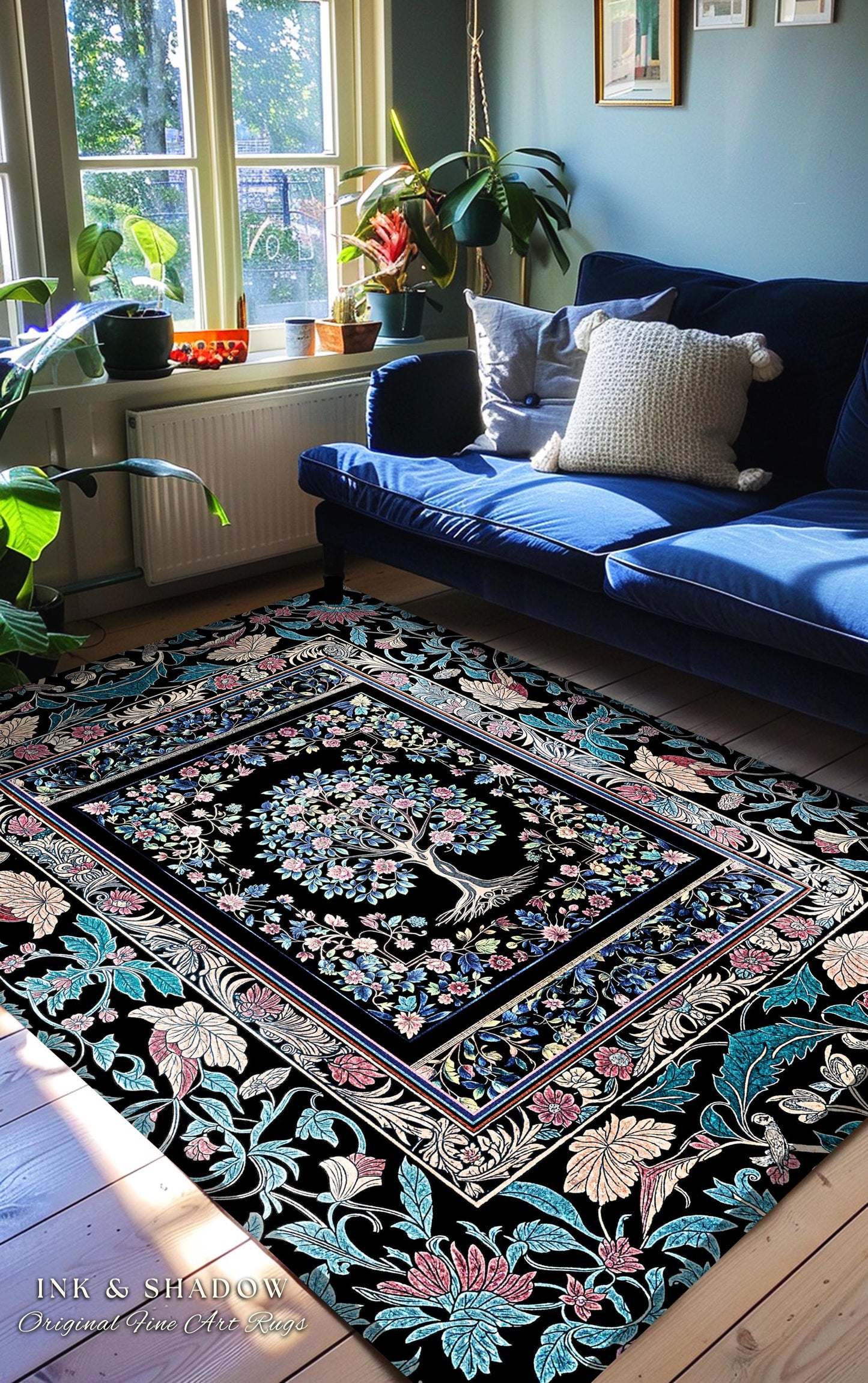 Timeless Folklore Tree Accent Rug | Gothic Floral Medieval Ornate Nature Motif Romantic Garden Aesthetic Tapestry Decor Maximalist Home |