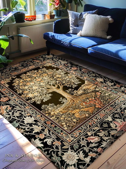 Muted Tones Eclectic Tree of Life Rug | Rustic Bohemian Aesthetic Decor Nature Inspired Bedroom Accent Rug Enchanted Cottagecore Fairycore