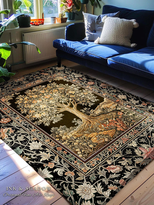 Muted Tones Eclectic Tree of Life Rug | Rustic Bohemian Aesthetic Decor Nature Inspired Bedroom Accent Rug Enchanted Cottagecore Fairycore