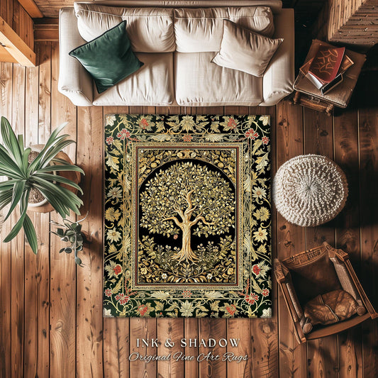 Tree of Life Fairytale Inspired Rug | Celestial Folk Art Decor Cottagecore Folklore Style Aesthetic Housewarming Gift Cozy Bedroom Accent