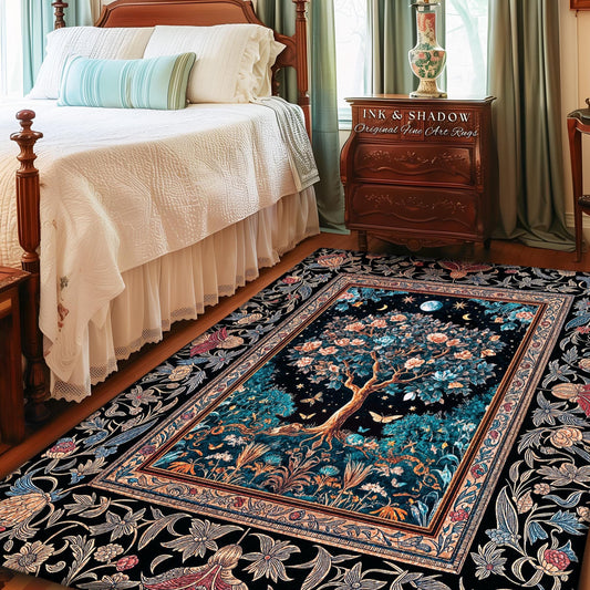 Enchanted Moonlit Tree of Life Area Rug | Romantic Forest Aesthetic Home Decor Vintage Boho Style Housewarming Gift Cozy Bedroom Floor Mat