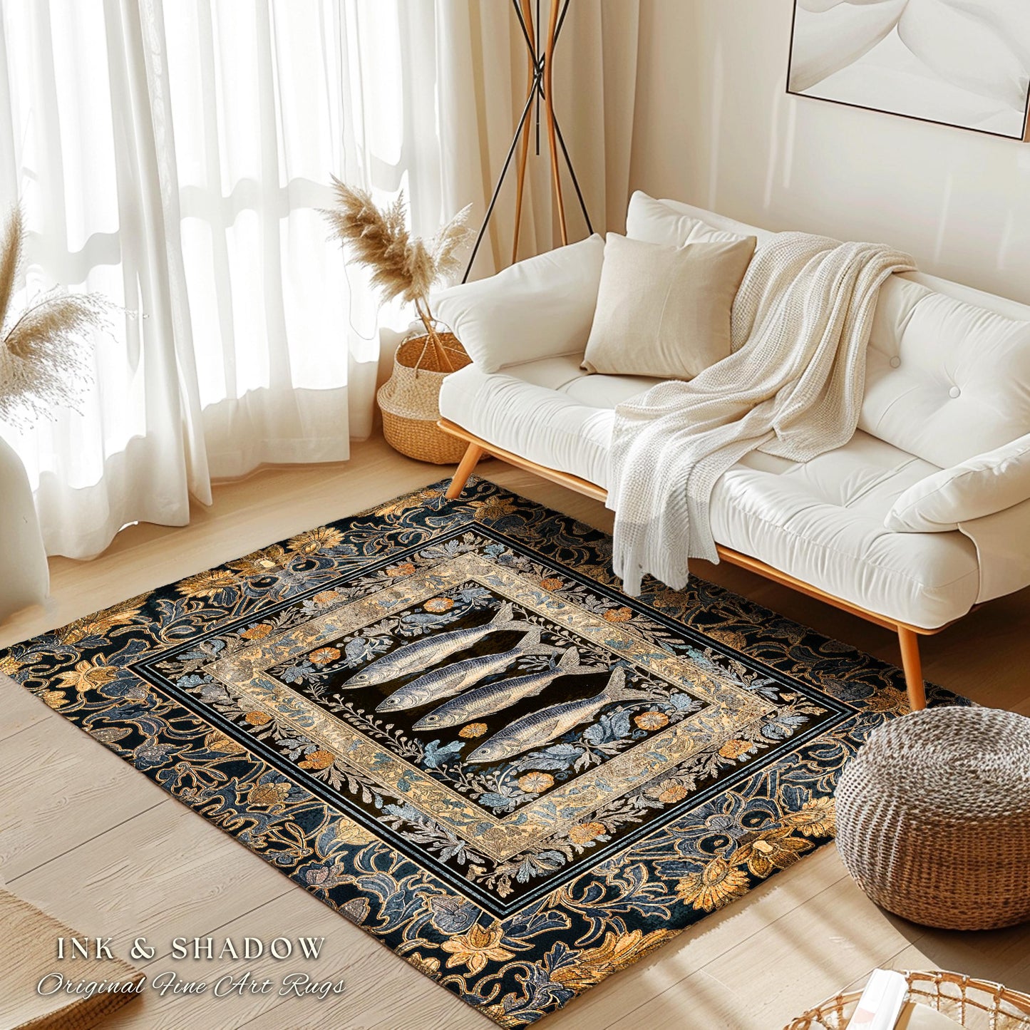 Art Nouveau Nautical Sea Life Area Rug | Whimsical Ocean Sardine Fish Rug Coastal Dark Academia Rustic Cottagecore Beach Home Decor Ornate |