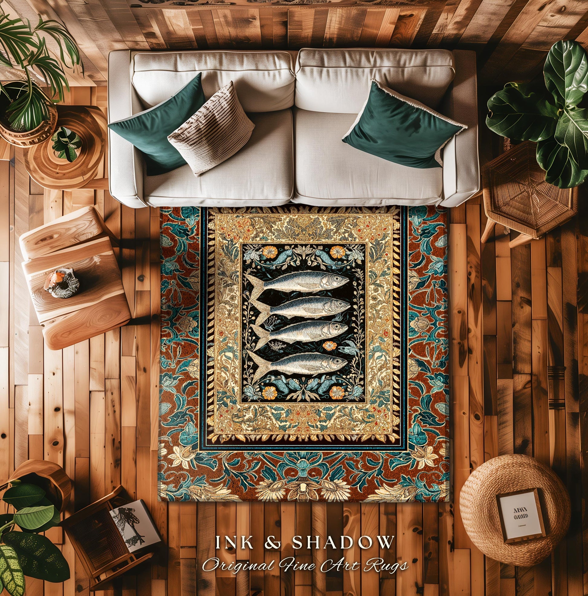 Rustic Coastal Sardine Fish Area Rug | Vintage Maritime Art Decor Mystical Oceanic Boho Beach House Accent Nautical Cottagecore Aesthetic |