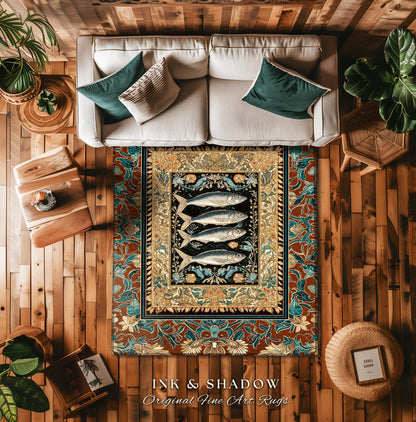 Rustic Coastal Sardine Fish Area Rug | Vintage Maritime Art Decor Mystical Oceanic Boho Beach House Accent Nautical Cottagecore Aesthetic |