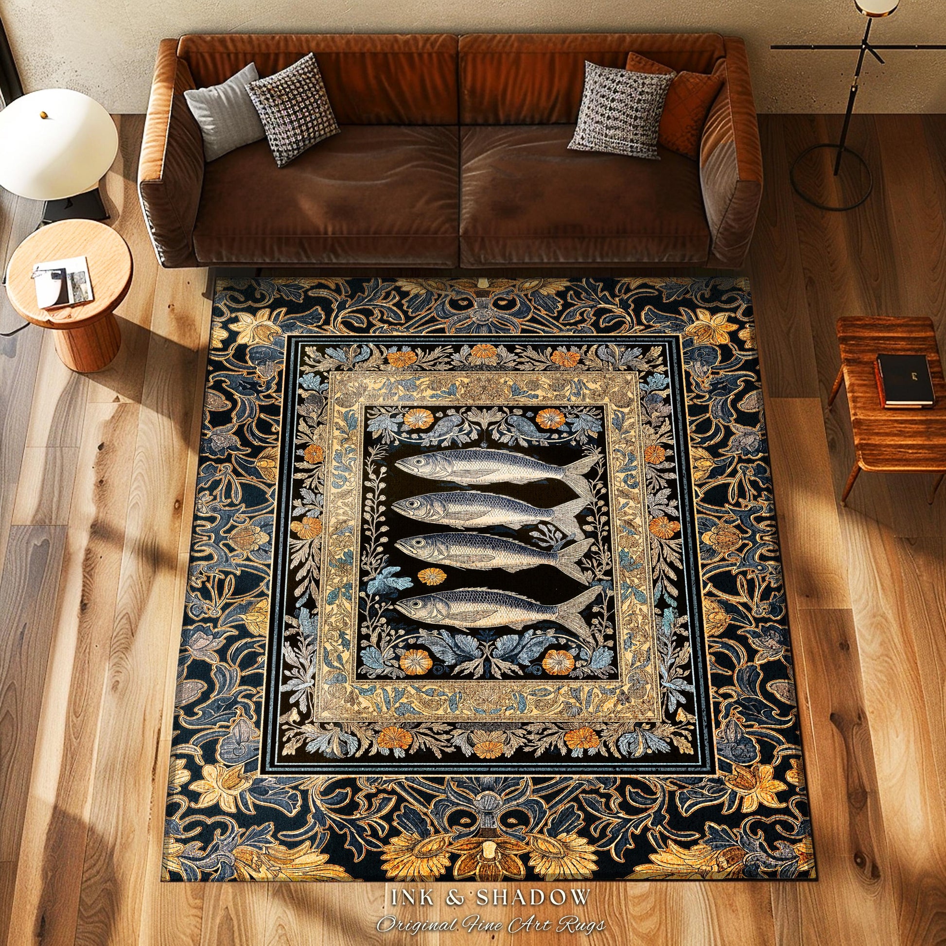 Art Nouveau Nautical Sea Life Area Rug | Whimsical Ocean Sardine Fish Rug Coastal Dark Academia Rustic Cottagecore Beach Home Decor Ornate |