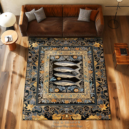 Art Nouveau Nautical Sea Life Area Rug | Whimsical Ocean Sardine Fish Rug Coastal Dark Academia Rustic Cottagecore Beach Home Decor Ornate |