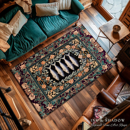 Baroque Ocean Fish Sardine Art Rug | Ornate Coastal Surf Floral Cottagecore Dark Nautical Academia Vintage Marine Sea Life Home Accent Boho
