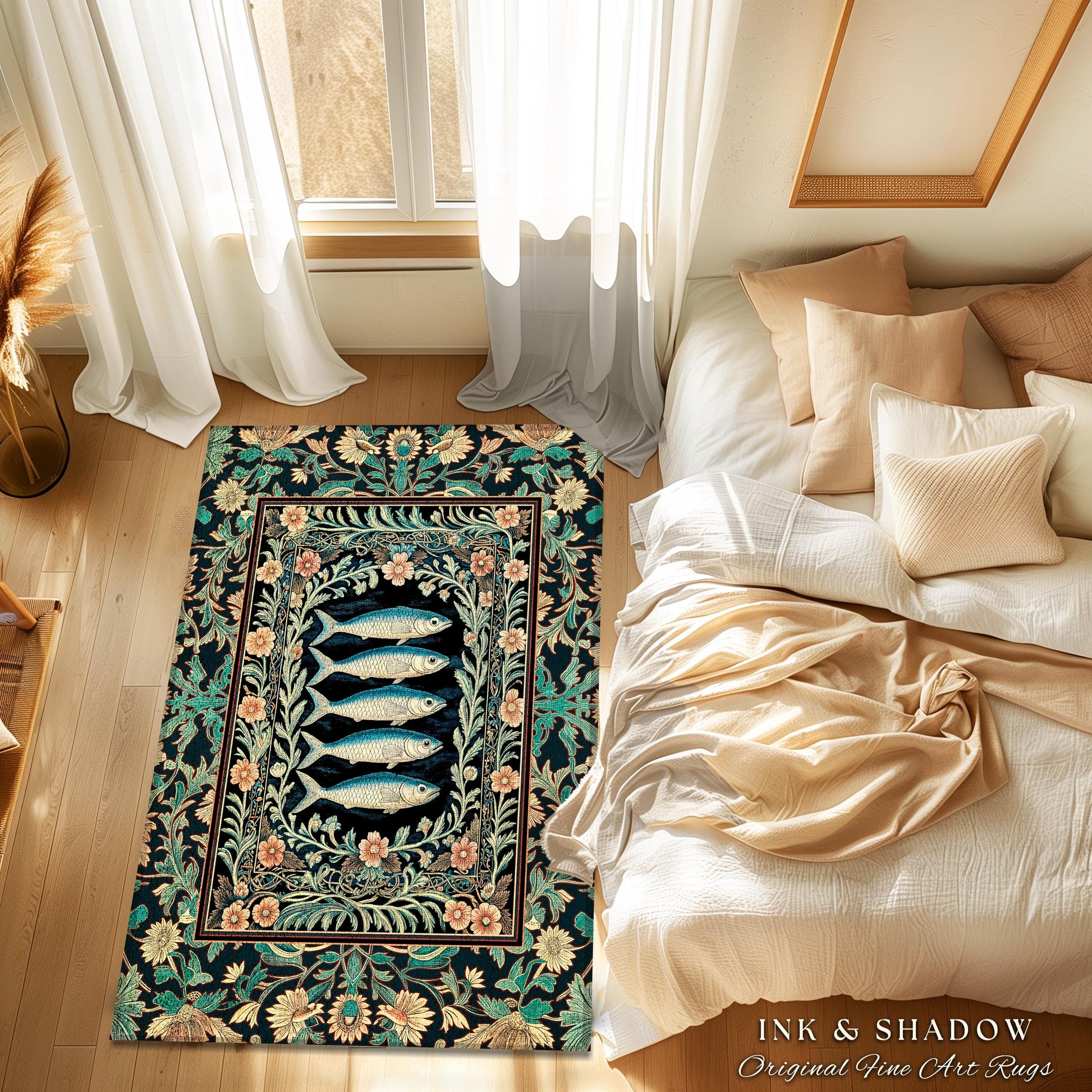 Mystical Floral Underwater Fish Rug | Antique Sardine Art Ocean Decor Coastal Beach Home Accent Rustic Marine Cottagecore Nautical Beach Art