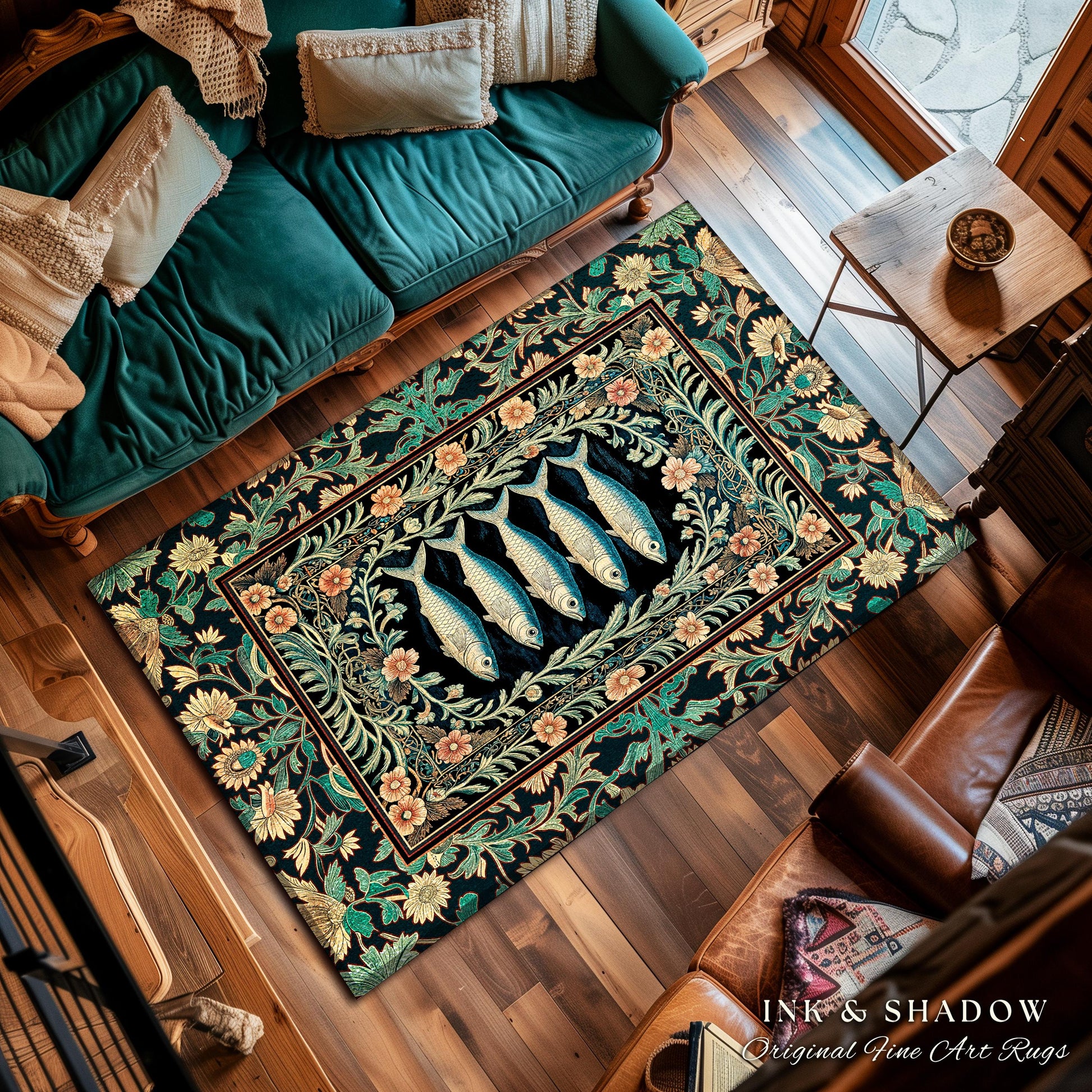 Mystical Floral Underwater Fish Rug | Antique Sardine Art Ocean Decor Coastal Beach Home Accent Rustic Marine Cottagecore Nautical Beach Art
