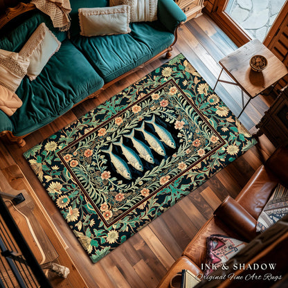 Mystical Floral Underwater Fish Rug | Antique Sardine Art Ocean Decor Coastal Beach Home Accent Rustic Marine Cottagecore Nautical Beach Art