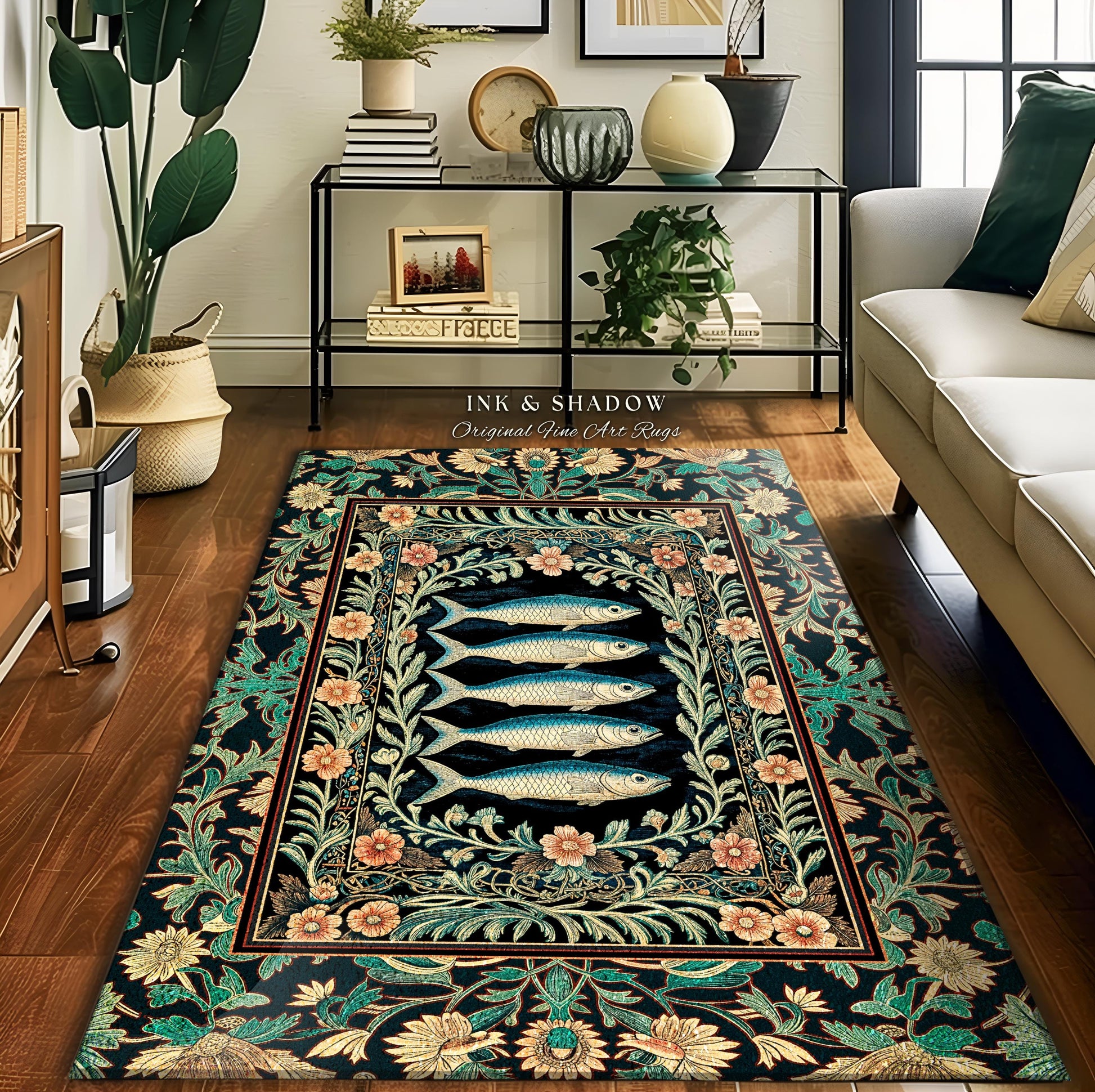 Mystical Floral Underwater Fish Rug | Antique Sardine Art Ocean Decor Coastal Beach Home Accent Rustic Marine Cottagecore Nautical Beach Art