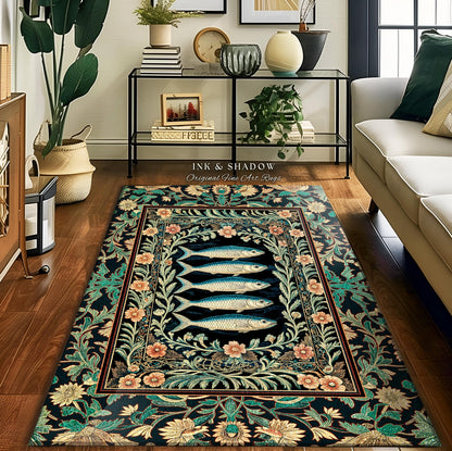 Mystical Floral Underwater Fish Rug | Antique Sardine Art Ocean Decor Coastal Beach Home Accent Rustic Marine Cottagecore Nautical Beach Art