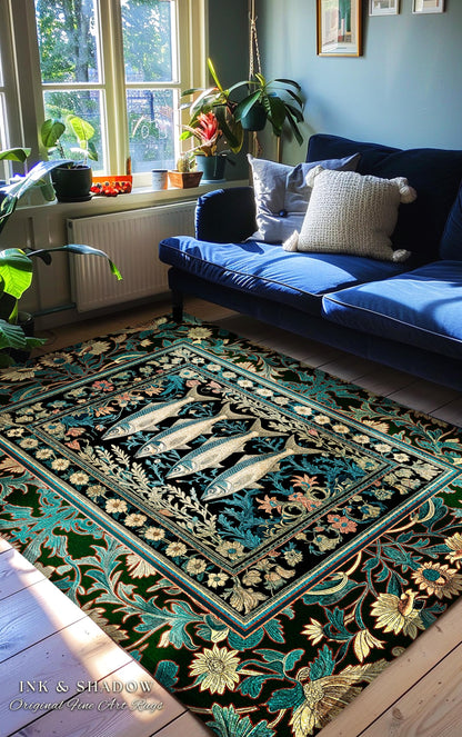 Dark Academia Fish Area Rug | Coastal Enchanted Marine Sardine Art Decor Vintage Nautical Whimsigothic Beach Cottagecore Rustic Home Accent