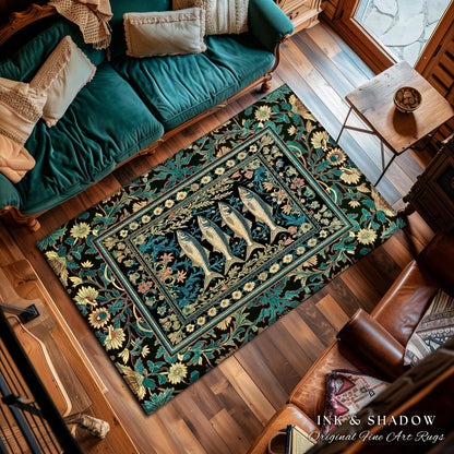 Dark Academia Fish Area Rug | Coastal Enchanted Marine Sardine Art Decor Vintage Nautical Whimsigothic Beach Cottagecore Rustic Home Accent