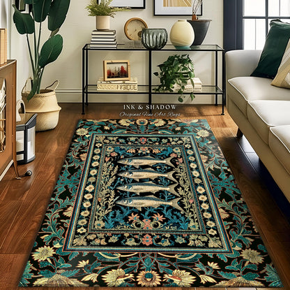 Dark Academia Fish Area Rug | Coastal Enchanted Marine Sardine Art Decor Vintage Nautical Whimsigothic Beach Cottagecore Rustic Home Accent