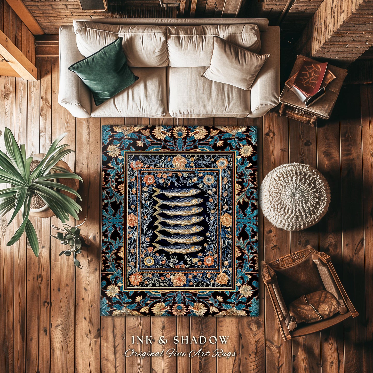 Fairycore Coastal Fish Art Sardine Sea Rug Nordic Nautical Beach Decor | Boho Marine Floral Cottagecore Ocean Underwater Area Rug Baroque |
