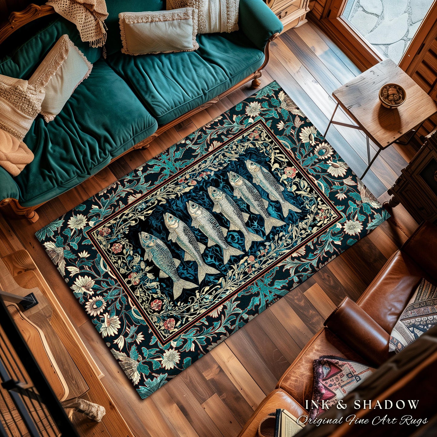 Bohemian Whimsy Sardine Area Rug | Coastal Ocean Academia Decor Fairy Grunge Cottagecore Sealife Marine Rustic Fish Beach House Accent Boho