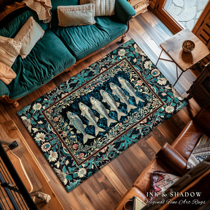 Bohemian Whimsy Sardine Area Rug | Coastal Ocean Academia Decor Fairy Grunge Cottagecore Sealife Marine Rustic Fish Beach House Accent Boho
