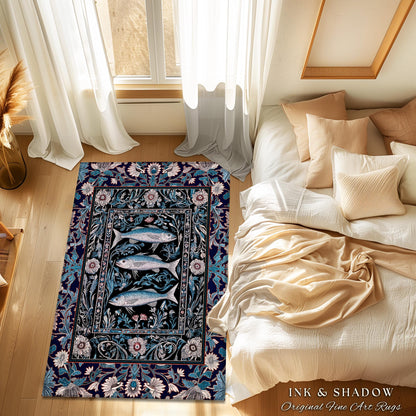 Scandi Nautical Sardine Art Area Rug | Dark Academia Marine Ocean Fish Decor Coastal Nordic Beach Home Rustic Sea Cottagecore Home Accent |