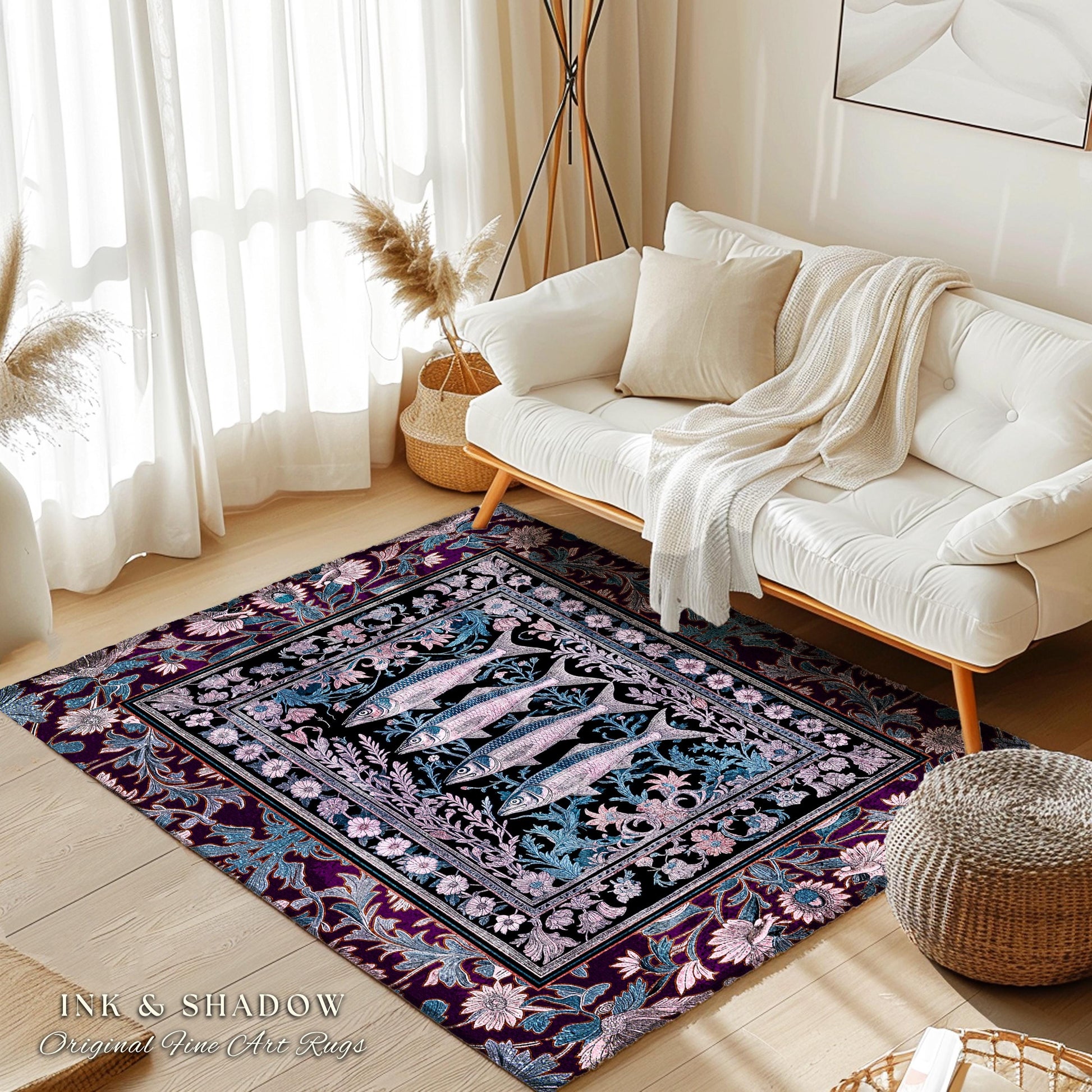 Sardine Area Rug Nautical Room Decor | Marine Life Home Accent Cozy Tapestry Coastal Underwater Design Ocean Inspired Cottagecore Style |