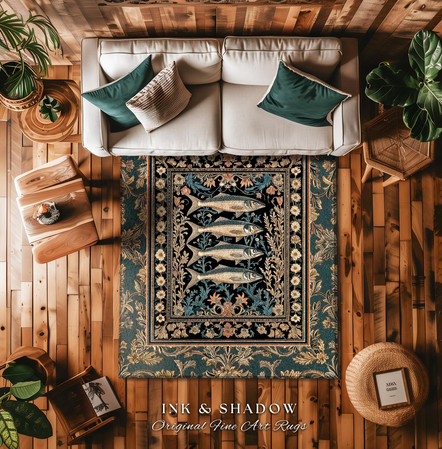 Rustic Nautical Eclectic Accent Rug | Sardine Art Throw Marine Life Decor Coastal Bedroom Area Rug Ocean Scene Ethereal Ornate Cottagecore