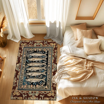 Elegant Nautical Ornate Sardine Area Rug | Nautical Style Marine Life Decor Coastal Bedroom Ocean Inspired Design Home Accent Cottagecore
