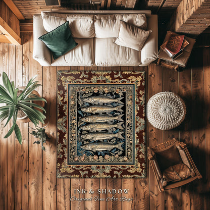 Elegant Nautical Ornate Sardine Area Rug | Nautical Style Marine Life Decor Coastal Bedroom Ocean Inspired Design Home Accent Cottagecore