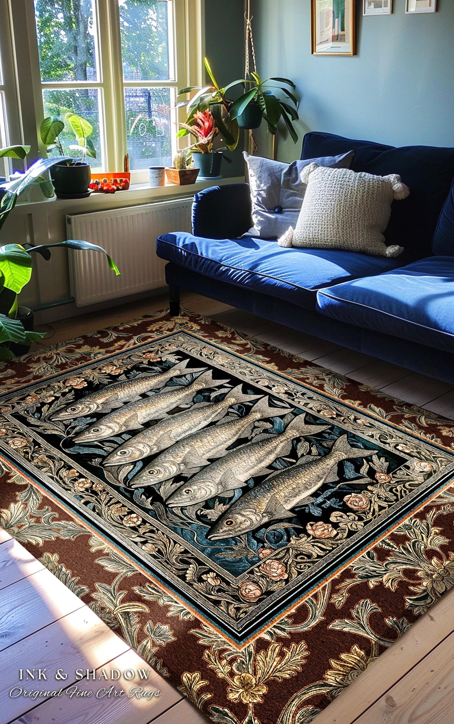 Elegant Nautical Ornate Sardine Area Rug | Nautical Style Marine Life Decor Coastal Bedroom Ocean Inspired Design Home Accent Cottagecore