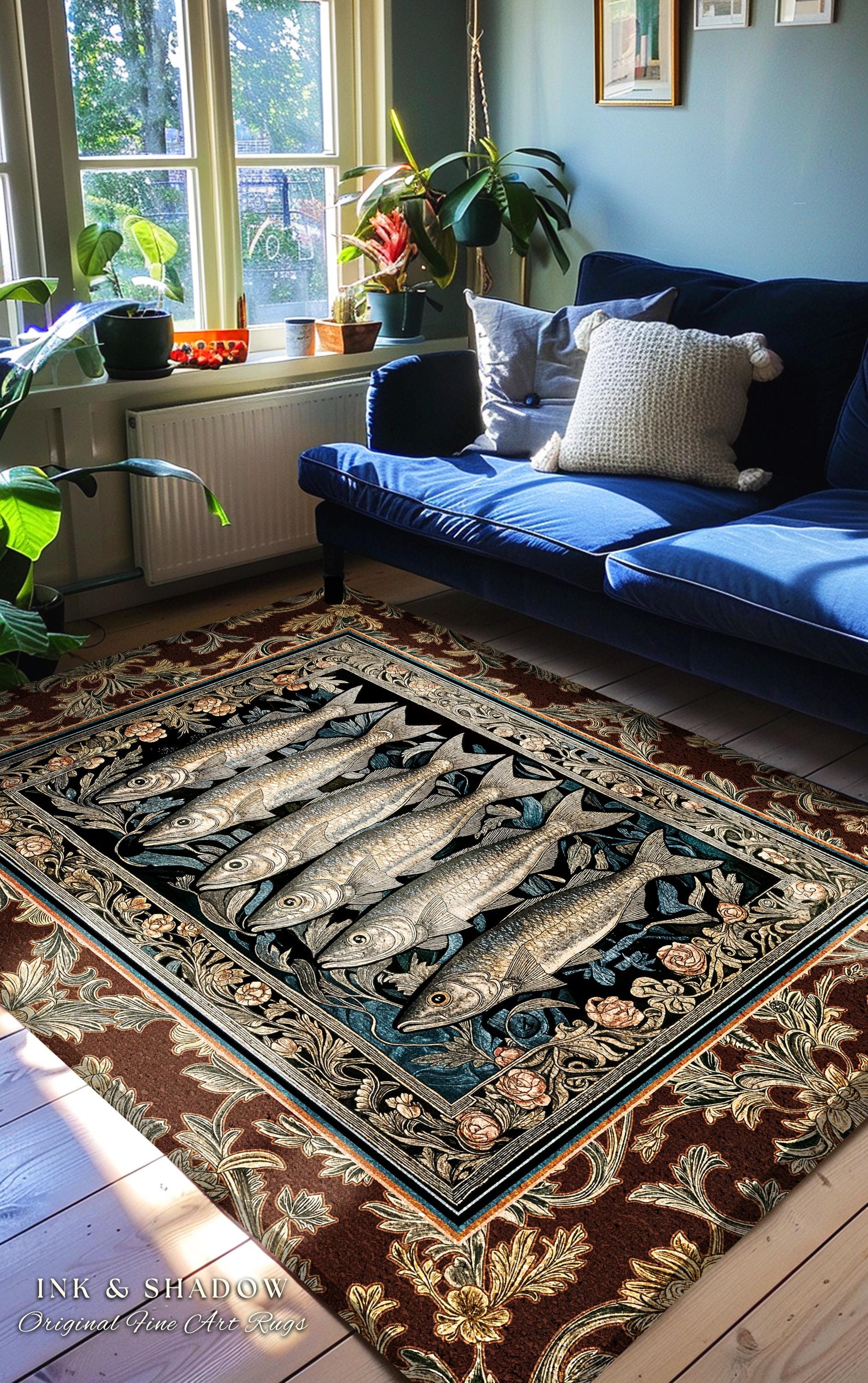 Elegant Nautical Ornate Sardine Area Rug | Nautical Style Marine Life Decor Coastal Bedroom Ocean Inspired Design Home Accent Cottagecore