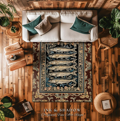 Elegant Nautical Ornate Sardine Area Rug | Nautical Style Marine Life Decor Coastal Bedroom Ocean Inspired Design Home Accent Cottagecore