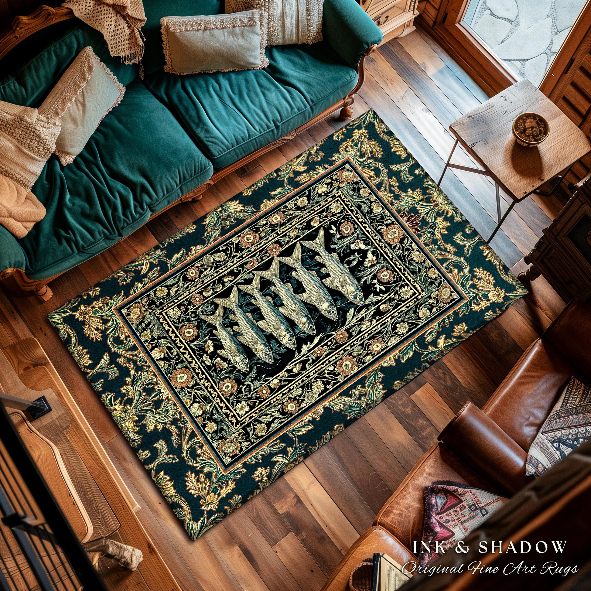 Oceancore Cozy Accent Rug Sardine | Indie Nautical Bedroom Marine Life Art Vintage Coastal Decor Under the Sea Scene Cottagecore Ornate |