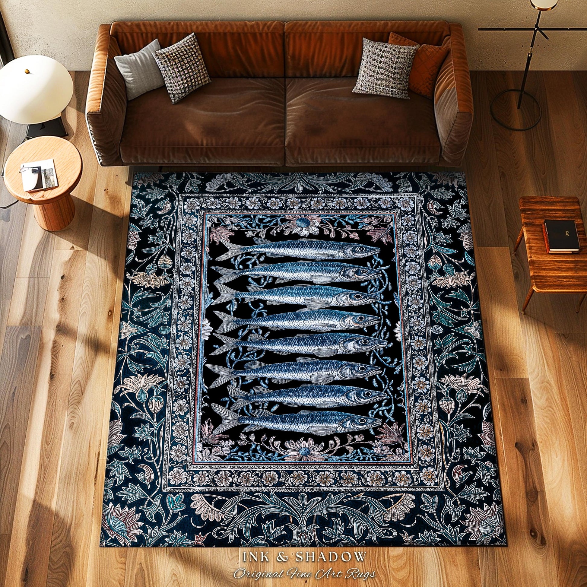 Decorative Sardine Ocean-Inspired Area Rug | Baroque Coastal Art Home Accent Rug Moody Nautical Theme Whimsical Style Bedroom Sea Life Theme