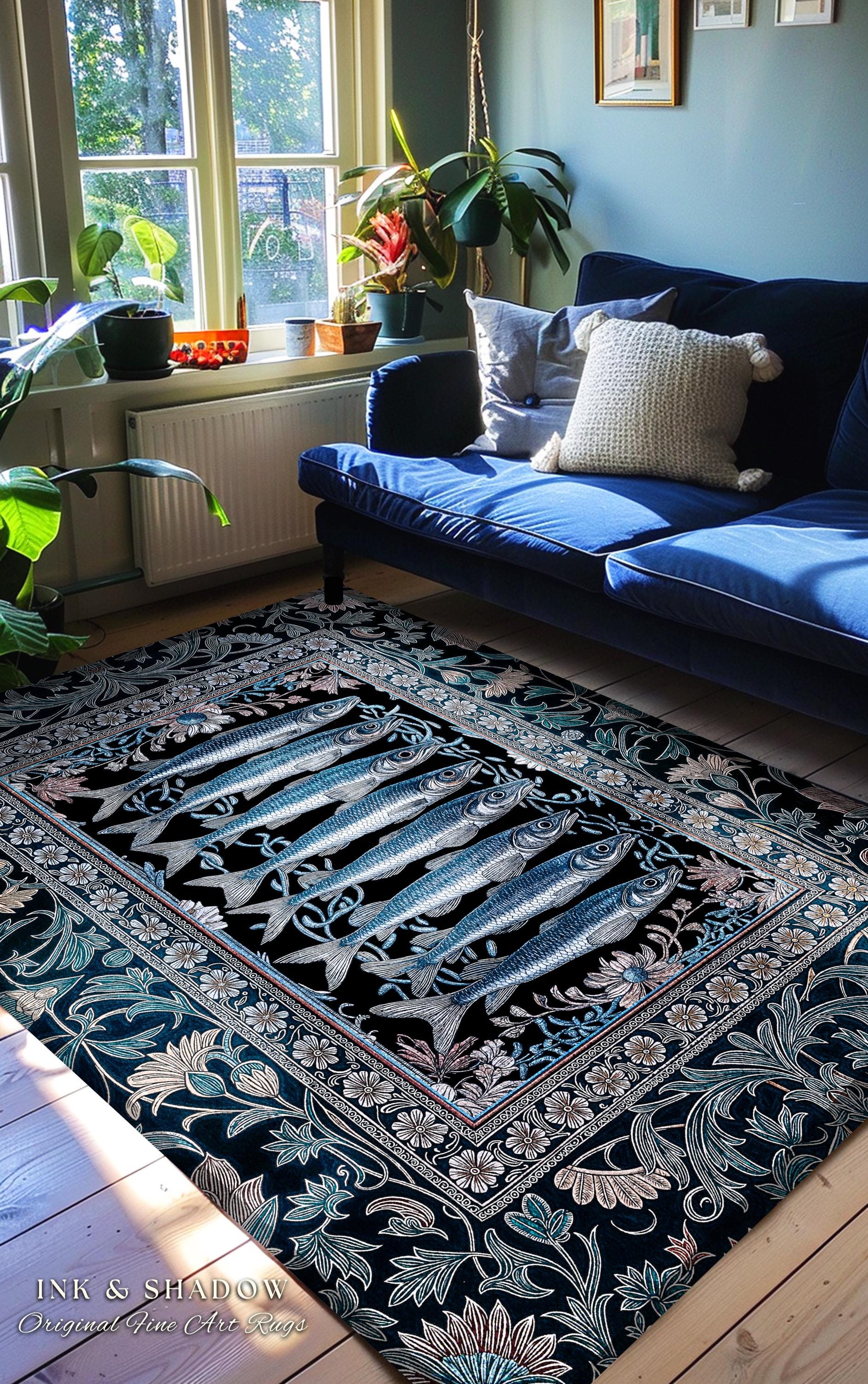 Decorative Sardine Ocean-Inspired Area Rug | Baroque Coastal Art Home Accent Rug Moody Nautical Theme Whimsical Style Bedroom Sea Life Theme