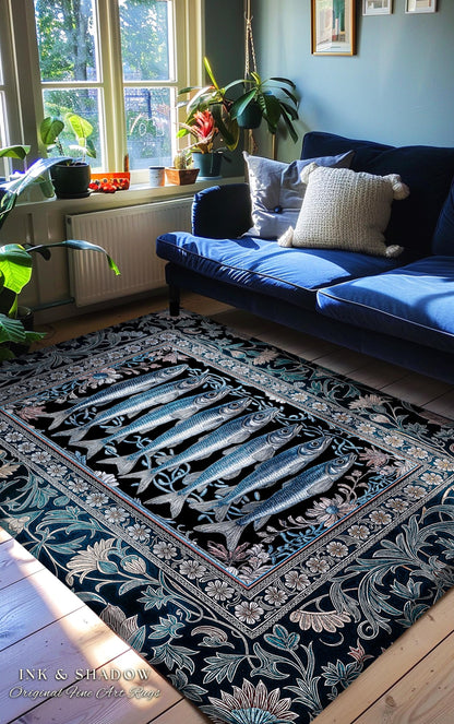 Decorative Sardine Ocean-Inspired Area Rug | Baroque Coastal Art Home Accent Rug Moody Nautical Theme Whimsical Style Bedroom Sea Life Theme
