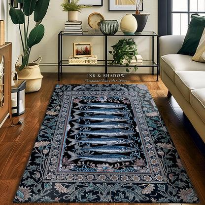 Decorative Sardine Ocean-Inspired Area Rug | Baroque Coastal Art Home Accent Rug Moody Nautical Theme Whimsical Style Bedroom Sea Life Theme