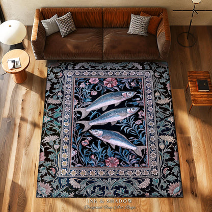 Ornate Coastal Fish Area Rug | Jacquard Home Accent Folk Botanical Sardine Design Vintage-Inspired Nautical Decor Eclectic Bedroom Accent |