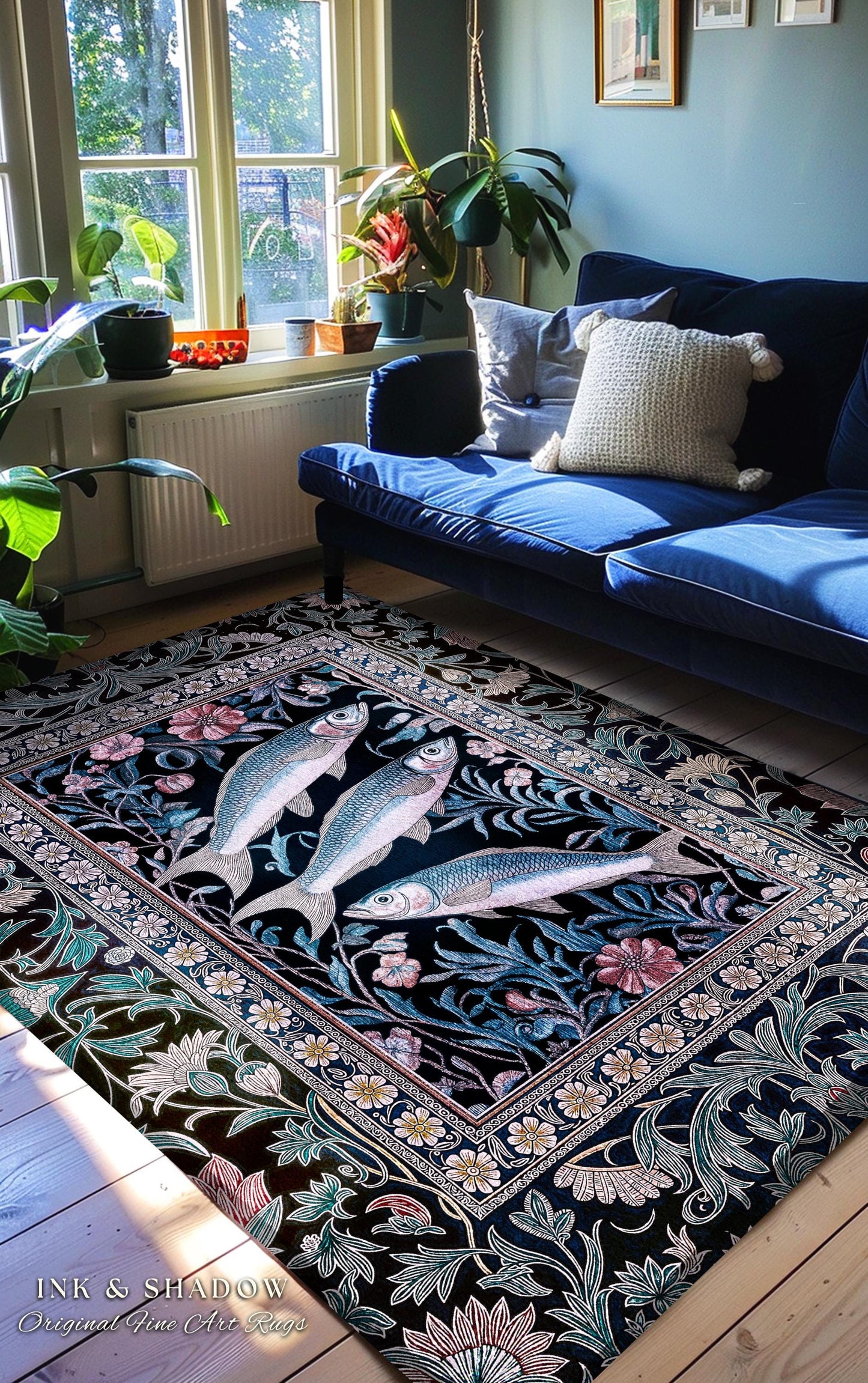 Ornate Coastal Fish Area Rug | Jacquard Home Accent Folk Botanical Sardine Design Vintage-Inspired Nautical Decor Eclectic Bedroom Accent |