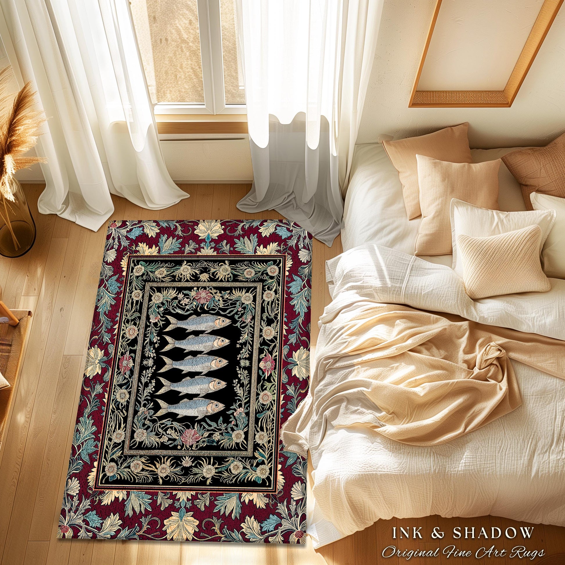 Eclectic Sardine Art Area Rug | Ornate Whimsical Coastal Design Maximalist Marine Art Ocean-Inspired Beach House Bedroom Accent Fish Decor
